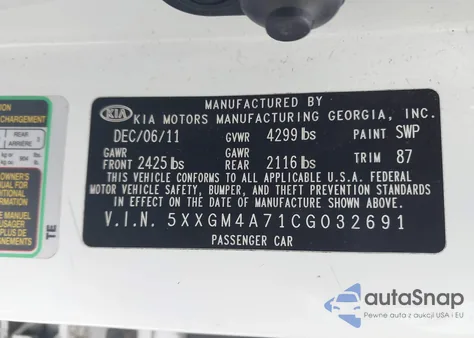 2012 Kia Optima Lx from USA, damaged, VIN 5XXGM4A71CG032691